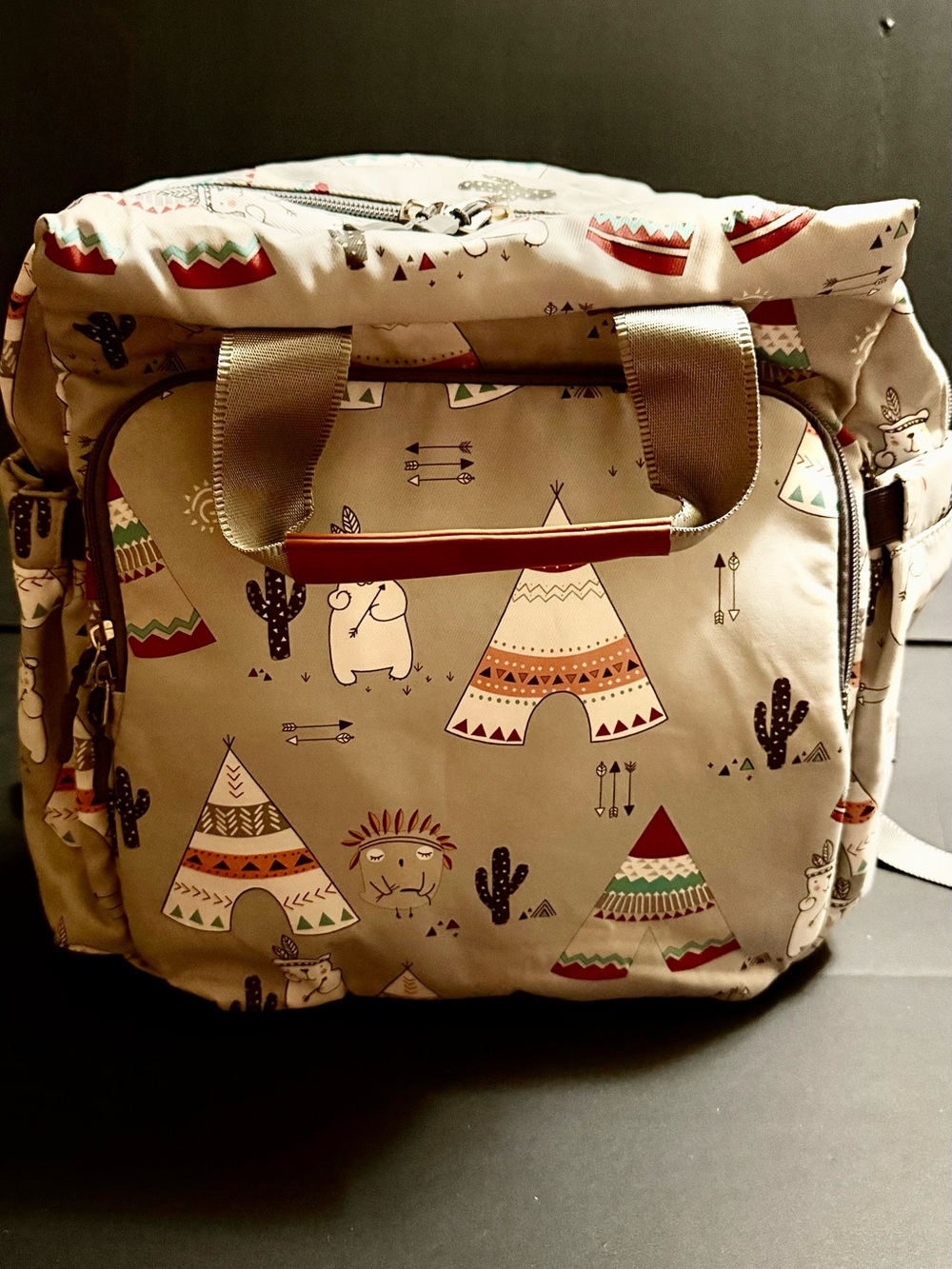 Canvas Tote Bag with Teepee & Cactus Print - Neutral